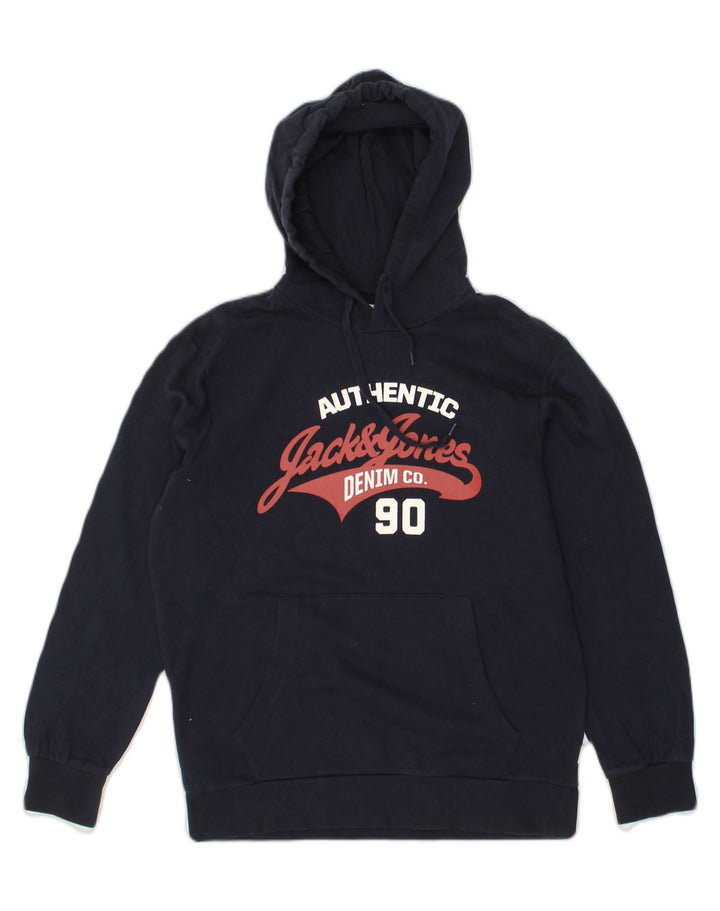 JACK & JONES Mens Graphic Hoodie Jumper Small Navy Blue Cotton | Vintage Jack & Jones | Thrift | Second-Hand Jack & Jones | Used Clothing | Messina Hembry 