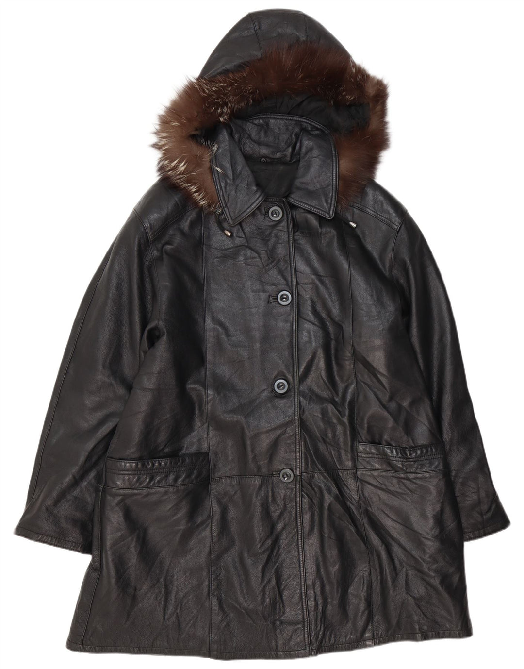 VINTAGE Manteau en cuir à capuche surdimensionné pour femme IT 48 XL Cuir noir