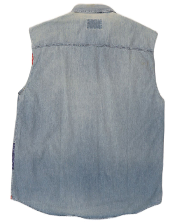 Wampum Chemise en jean sans manches pour homme Grand patchwork bleu