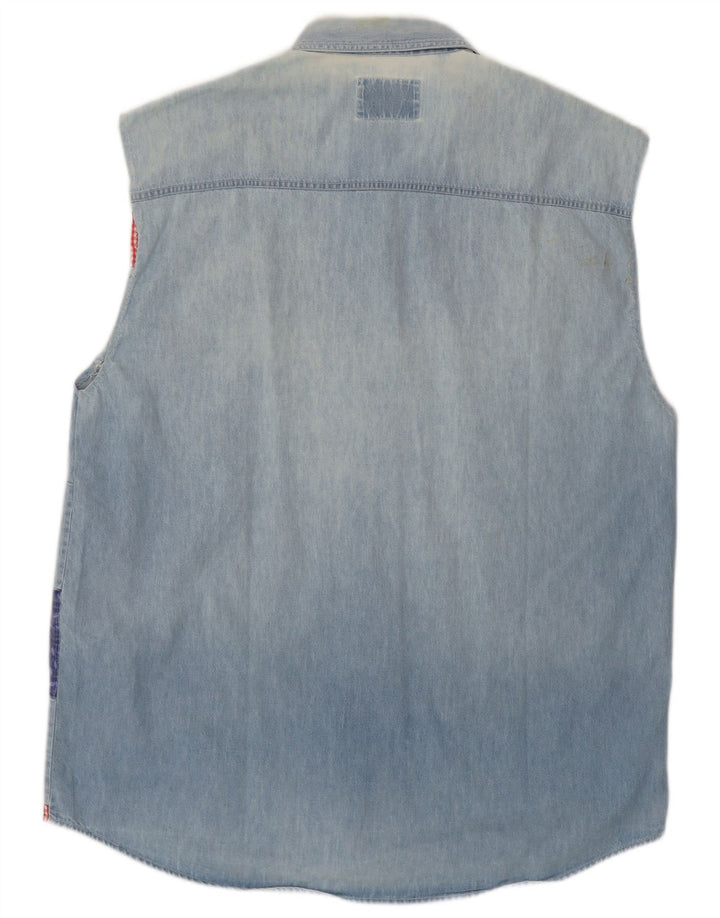 Wampum Chemise en jean sans manches pour homme Grand patchwork bleu