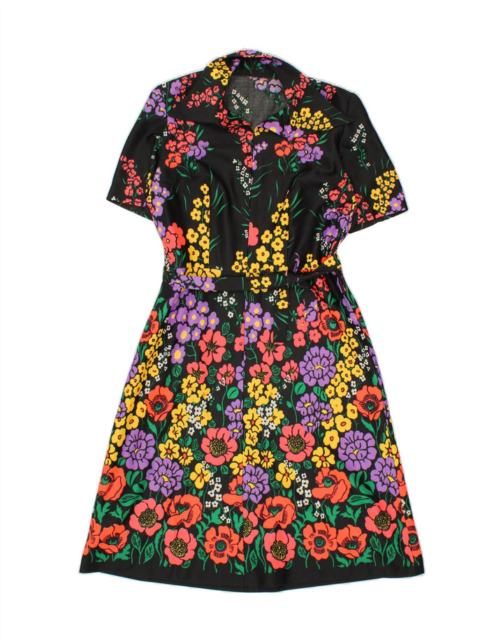 VINTAGE Robe A-Line Femme UK 14 Moyen Noir Floral