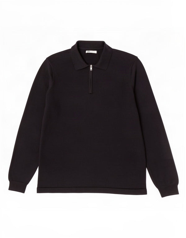 Zara Pull à col polo pour homme Large en coton noir