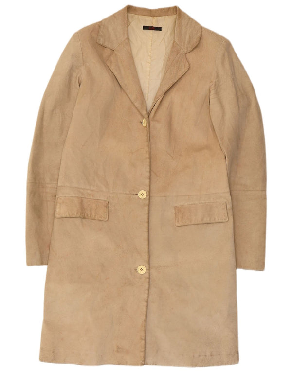 vintage Femme Suède Pardessus UK 10 Petit Cuir Beige