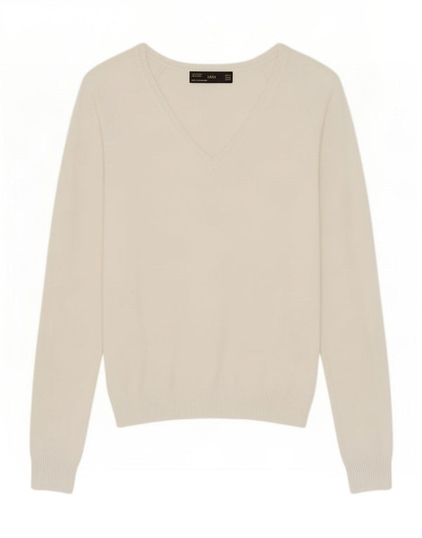 Zara Pull col V pour femme UK 12 en coton blanc moyen