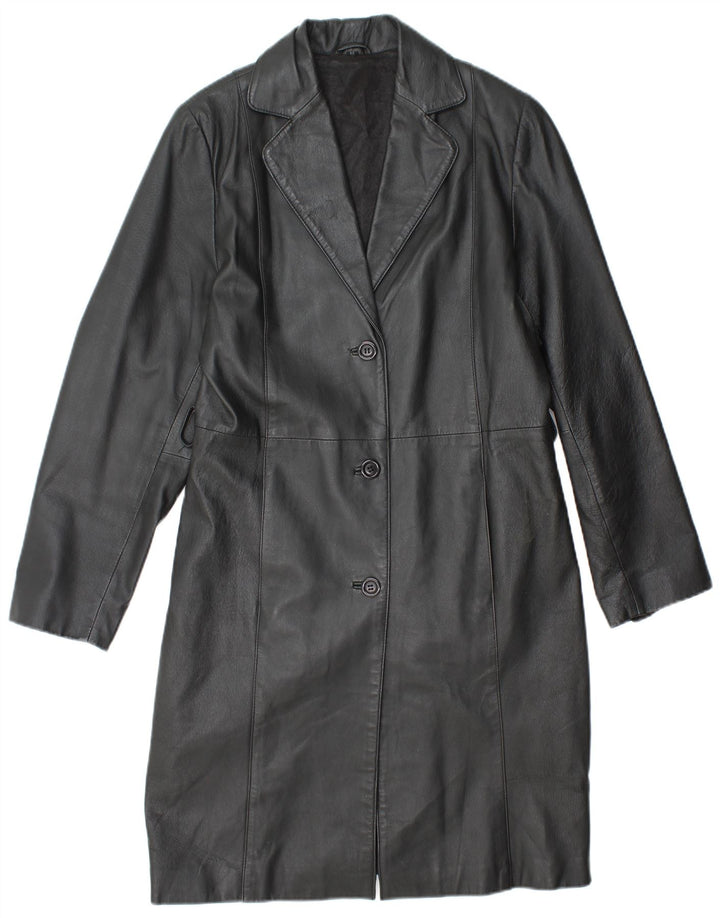 VINTAGE Manteau en cuir femme UK 14 Cuir noir moyen