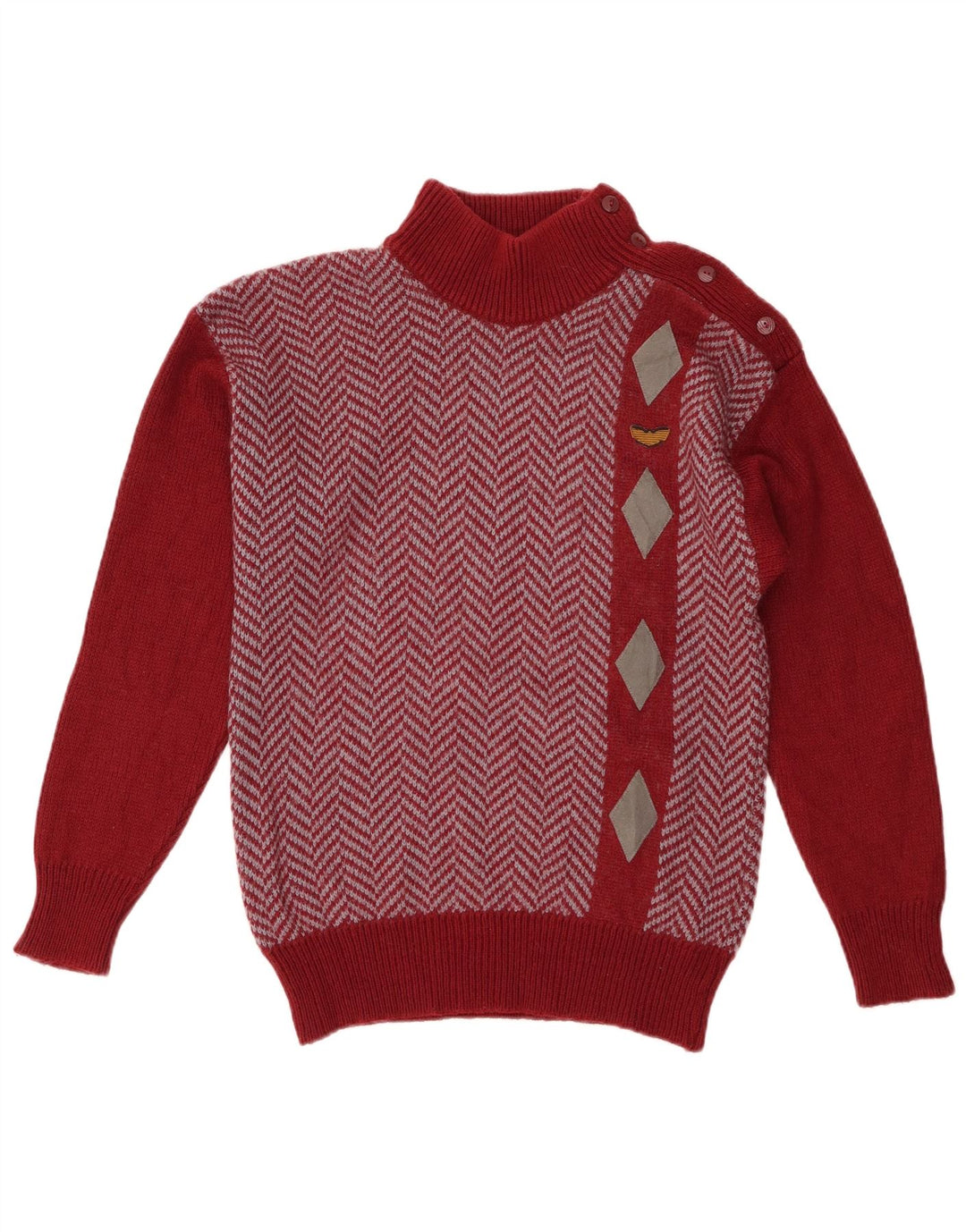 vintage Womens Button Neck Jumper Pull UK 12 Acrylique Rouge Moyen