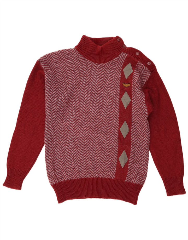 vintage Womens Button Neck Jumper Pull UK 12 Acrylique Rouge Moyen