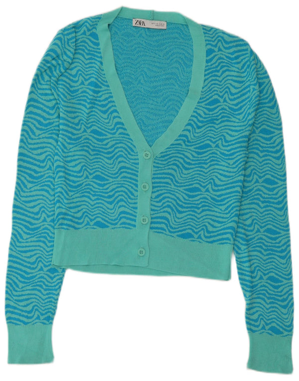 Zara Femme Cardigan Pull UK 10 Petit Bleu Géométrique Viscose