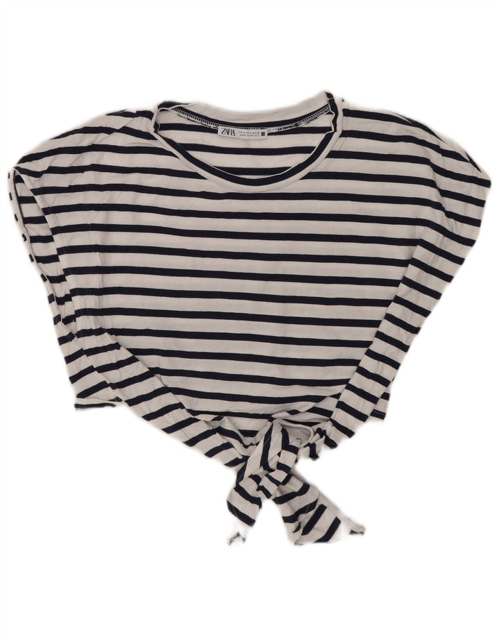 Zara Womens Crop Front Tie Blouse Top UK 10 Petit Bleu Marine Rayé