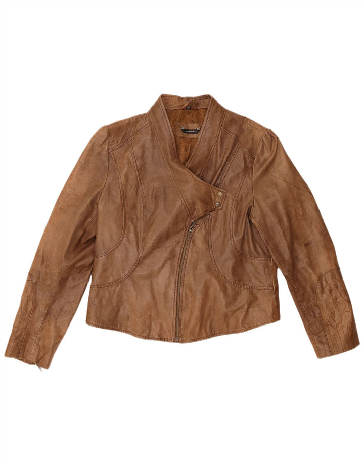 VINTAGE Veste motard en cuir crop femme UK 18 XL Cuir marron