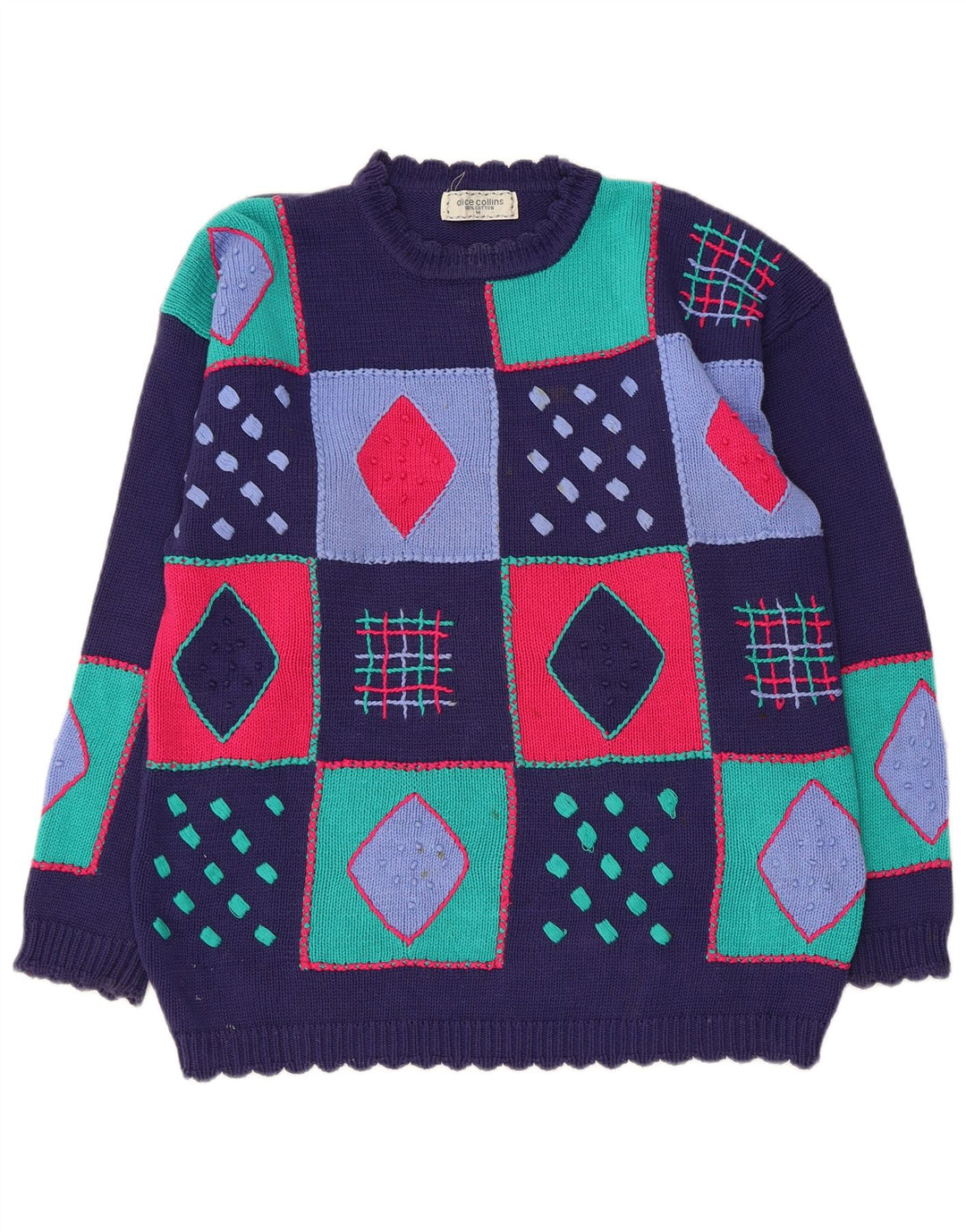 VINTAGE Femme Crew Neck Jumper Pull UK 14 Moyen Bleu Marine Patchwork
