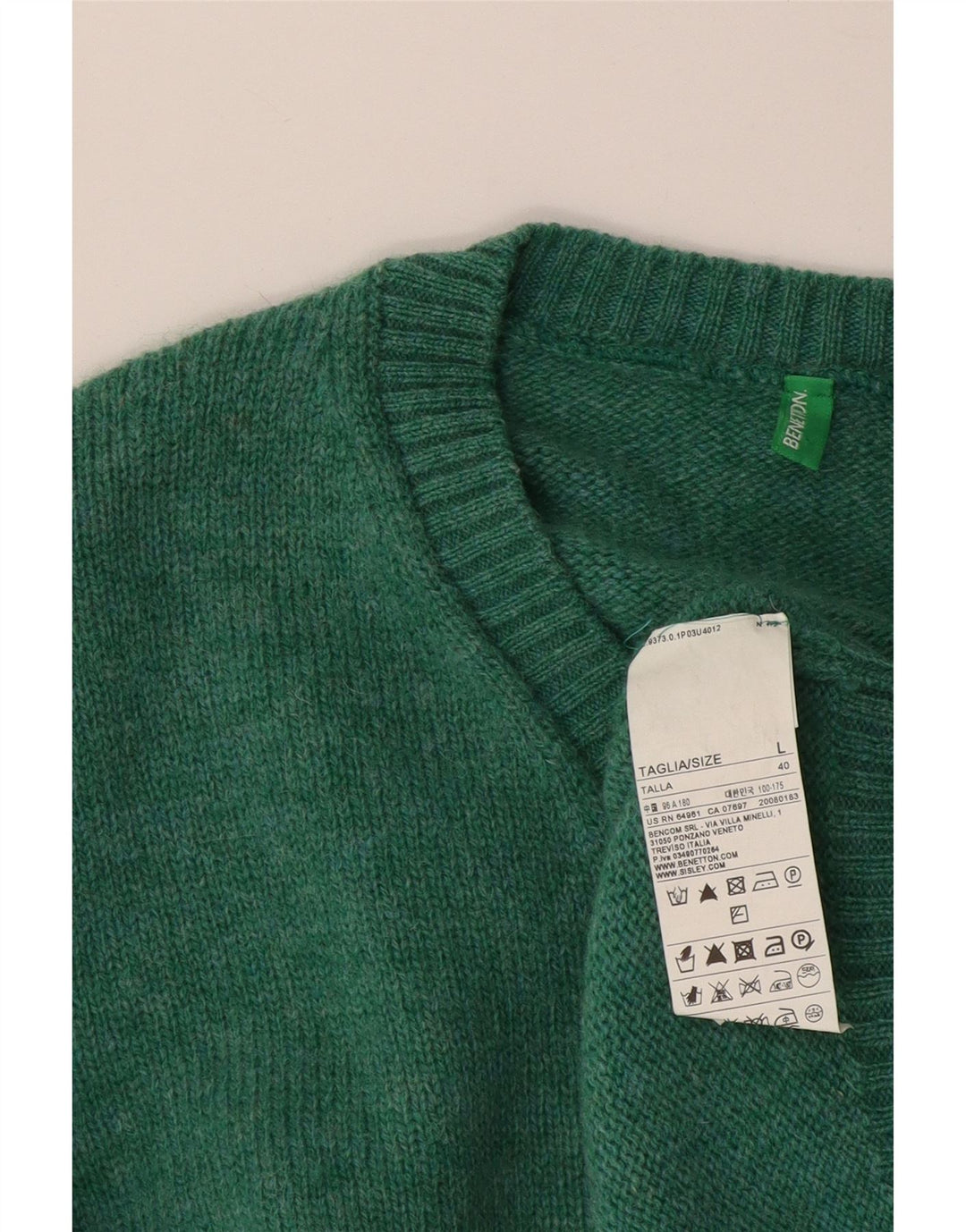 Benetton Pull col V pour homme en laine verte Large