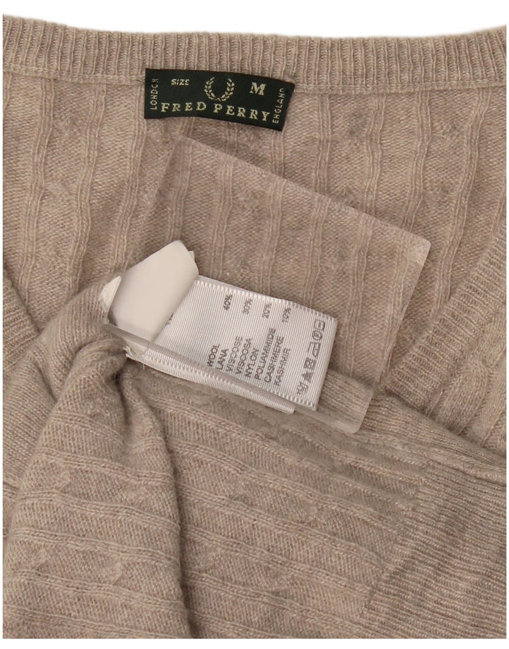 FRED PERRY Pull col en V pour femme UK 12 Laine gris moyen