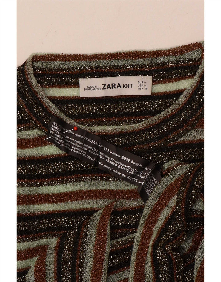 Zara Womens Crop Top Manches Longues UK 12 Moyen Multicolore Rayé