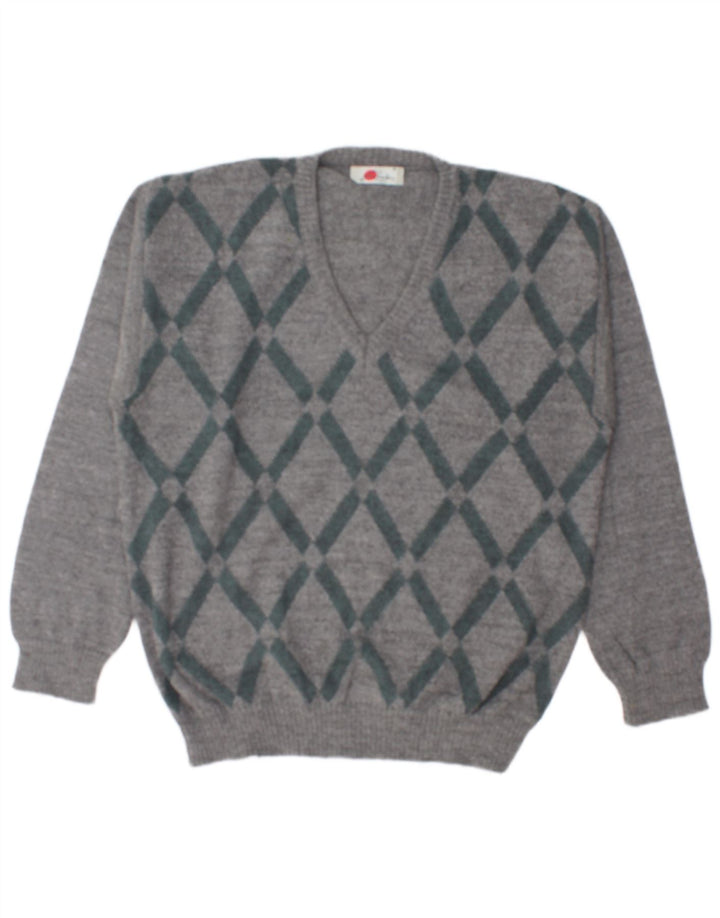 RODES Pull col V pour homme en laine gris à losanges/diamants