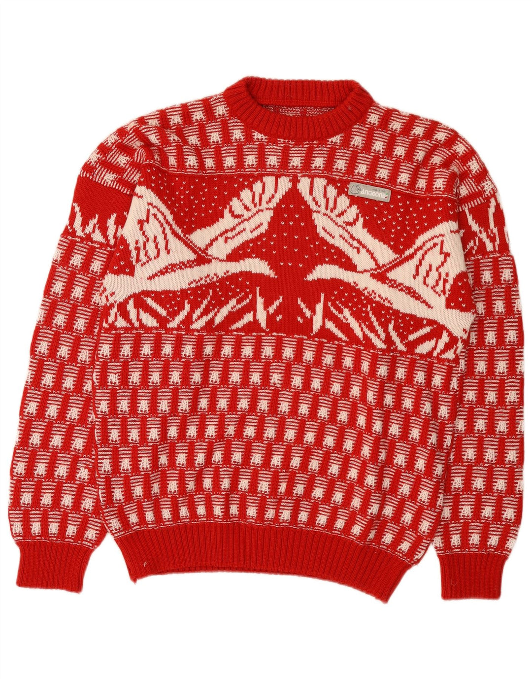 vintage Mens Crew Neck Jumper Pull Moyen Rouge Fair Isle Nouveauté