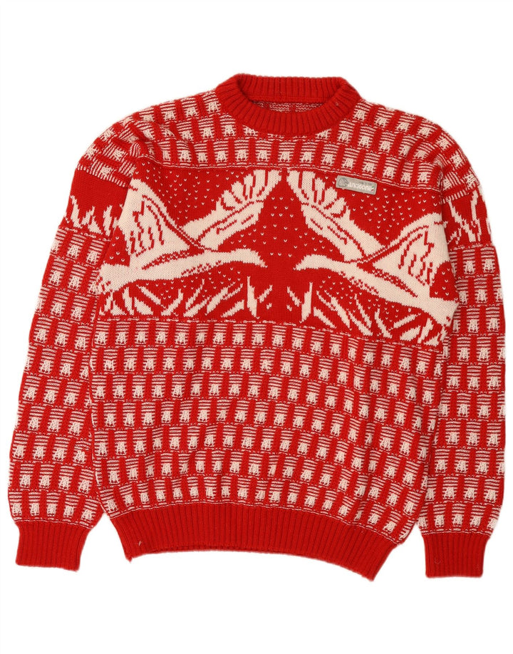 vintage Mens Crew Neck Jumper Pull Moyen Rouge Fair Isle Nouveauté