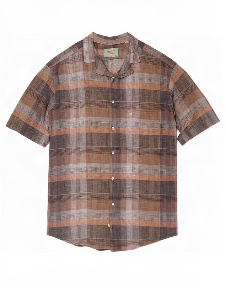 chemise à manches courtes vintage pour hommes grand plaid brun