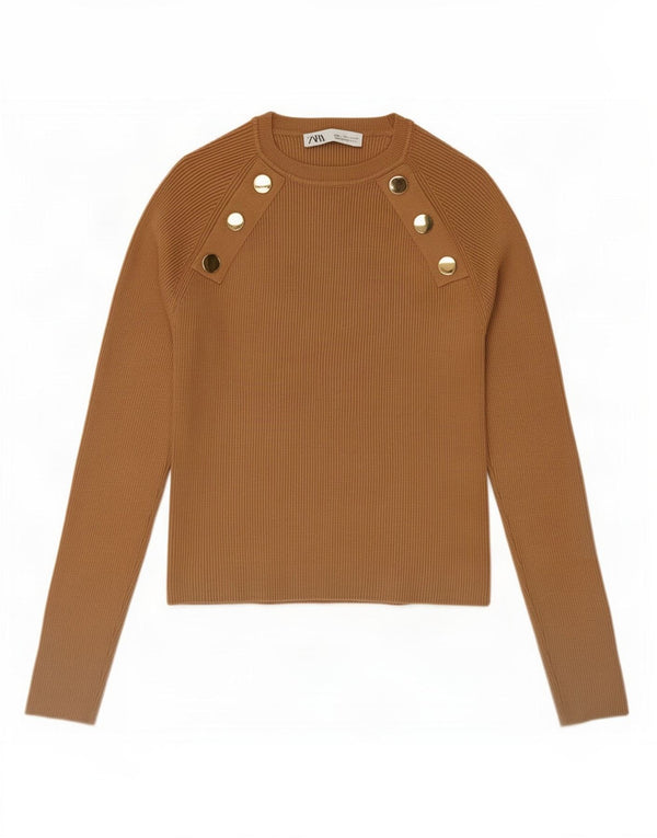 Zara Womens Crop Top Manches Longues UK 14 Large Beige Viscose