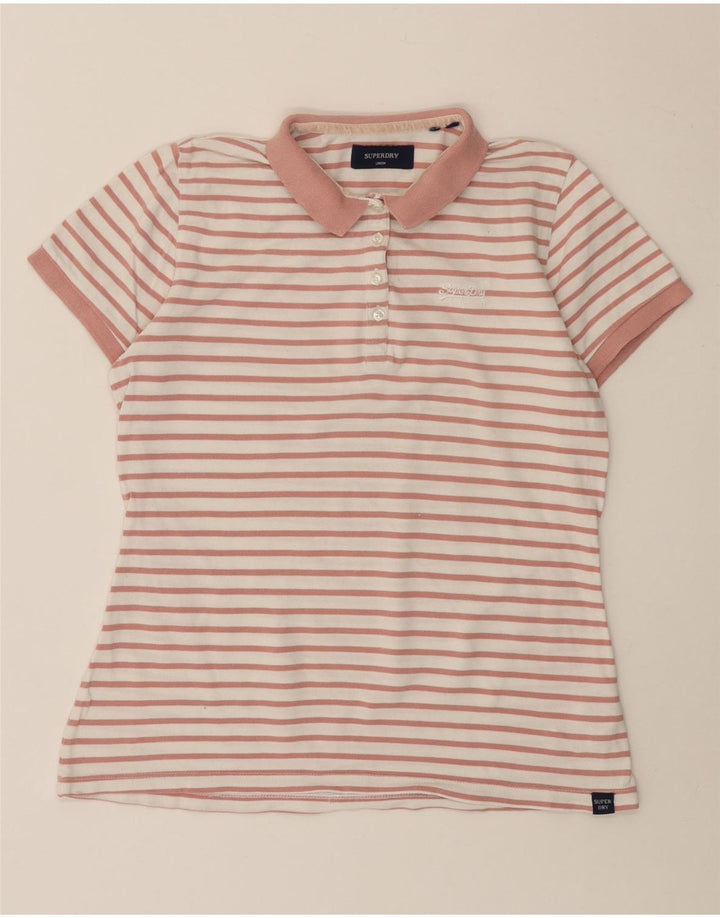 SUPERDRY Polo Femme UK 12 Coton Rayé Rose Moyen