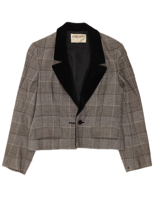 Jaeger Veste blazer courte à 1 bouton pour femme UK 10 Petit gris à carreaux en coton