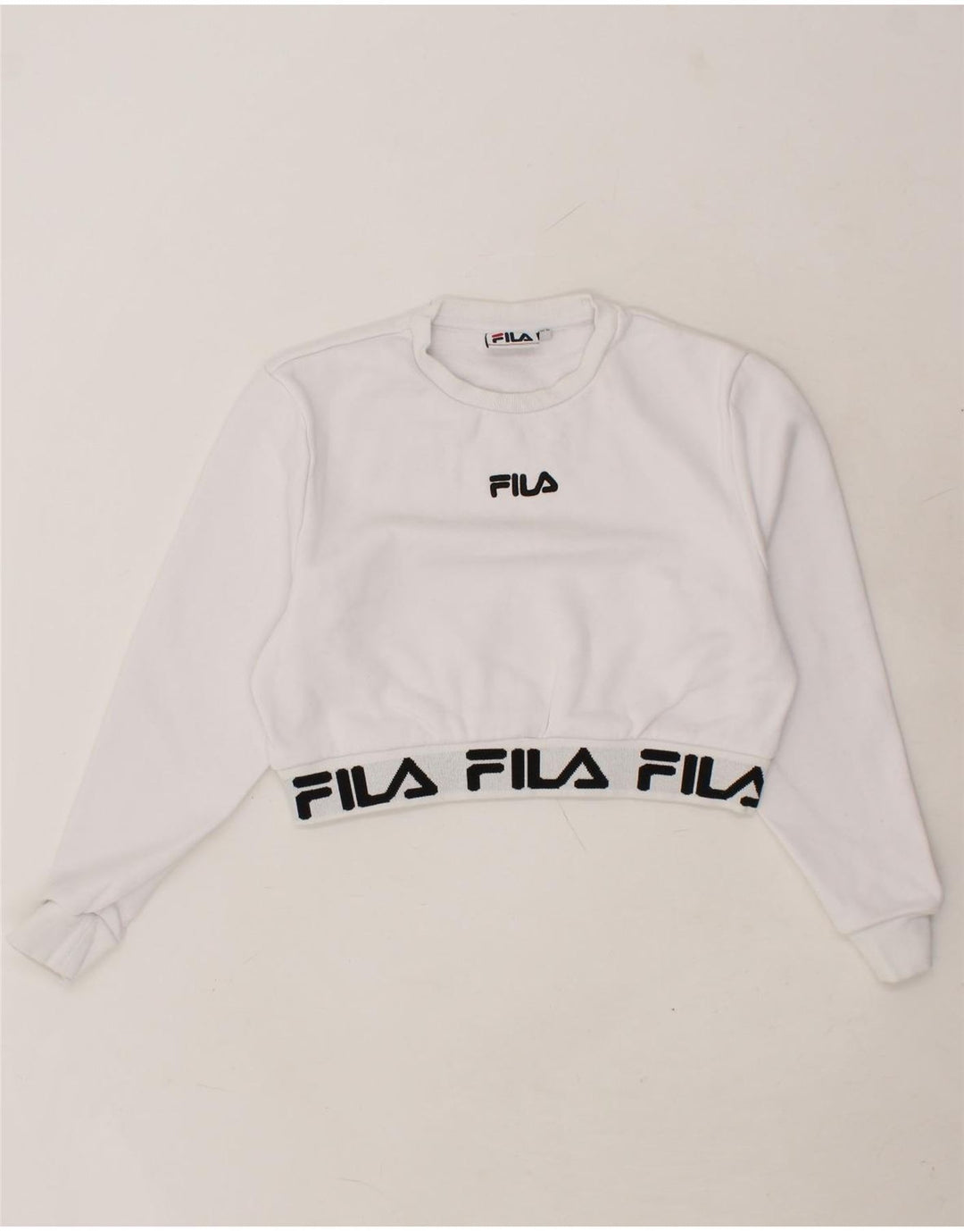 FILA Womens Crop Graphic Sweatshirt Jumper UK 12 Medium White Cotton Vintage Fila and Second-Hand Fila from Messina Hembry 