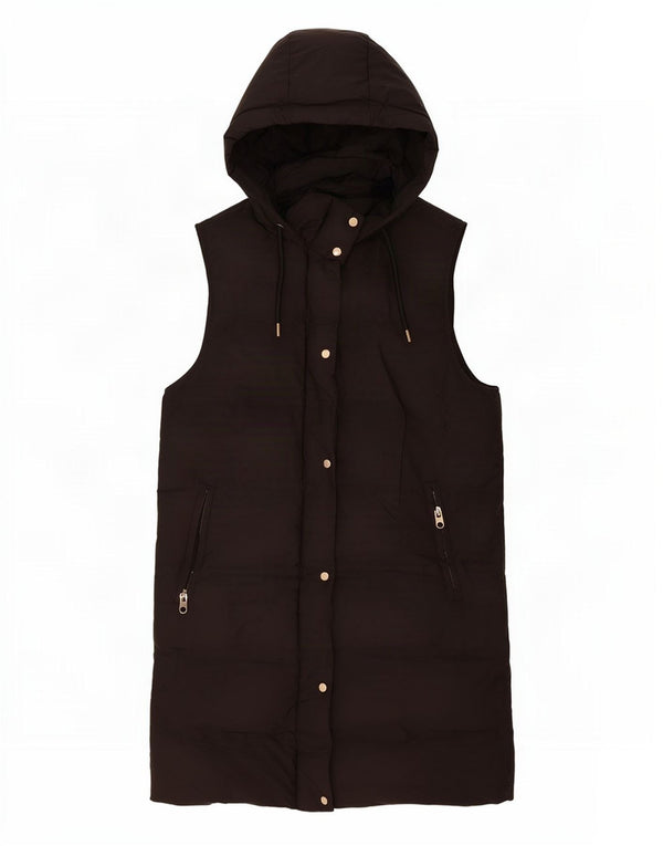Zara Gilet rembourré à capuche long pour femme UK 14 Medium Noir Polyester