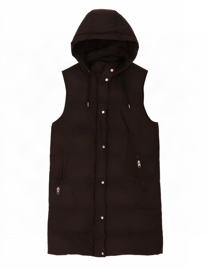 Zara Gilet rembourré à capuche long pour femme UK 14 Medium Noir Polyester