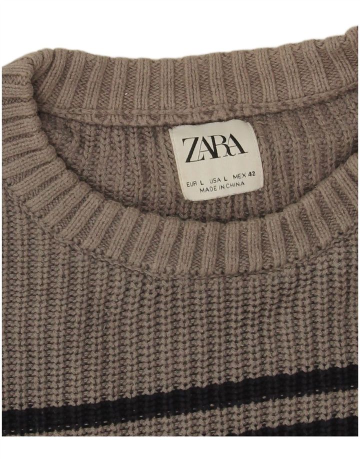 Zara Pull ras du cou pour hommes, grand, gris rayé