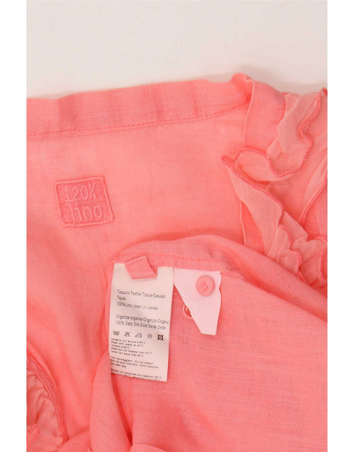 120% Lino Haut chemisier à manches longues et volants sur le devant pour femme IT 46 Grand lin rose