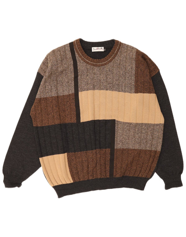 vintage Mens Crew Neck Jumper Sweater XL Multicolore Colourblock Laine
