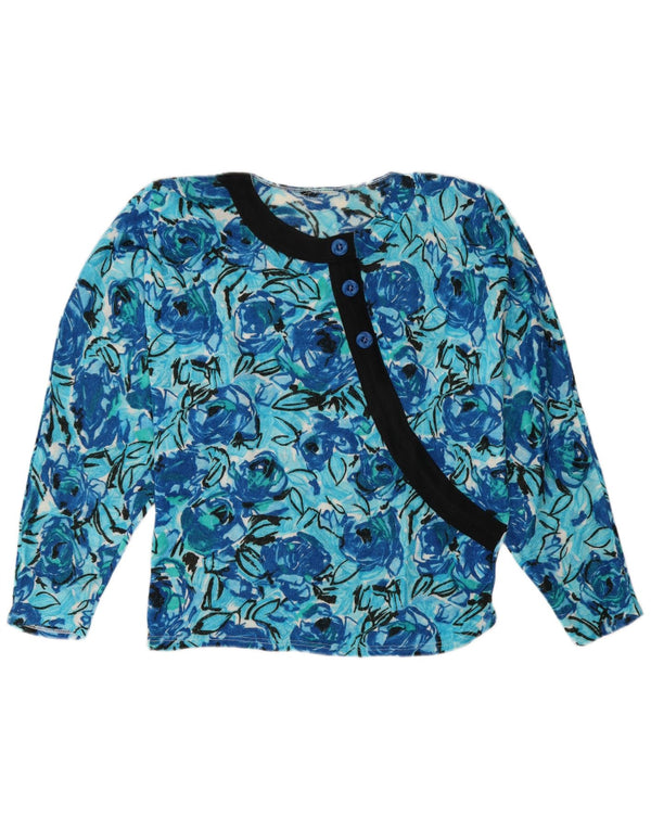 vintage Femmes Bateau Cou Jumper Pull UK 14 Moyen Bleu Floral Acrylique
