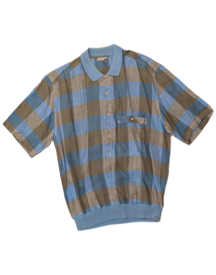 VINTAGE Chemise pull à manches courtes pour hommes IT 48 Lin bleu moyen à carreaux
