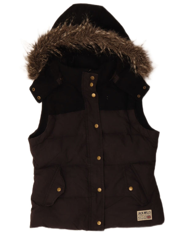 JACK WILLS Gilet rembourré à capuche pour femme UK 12 Medium Black Colourblock