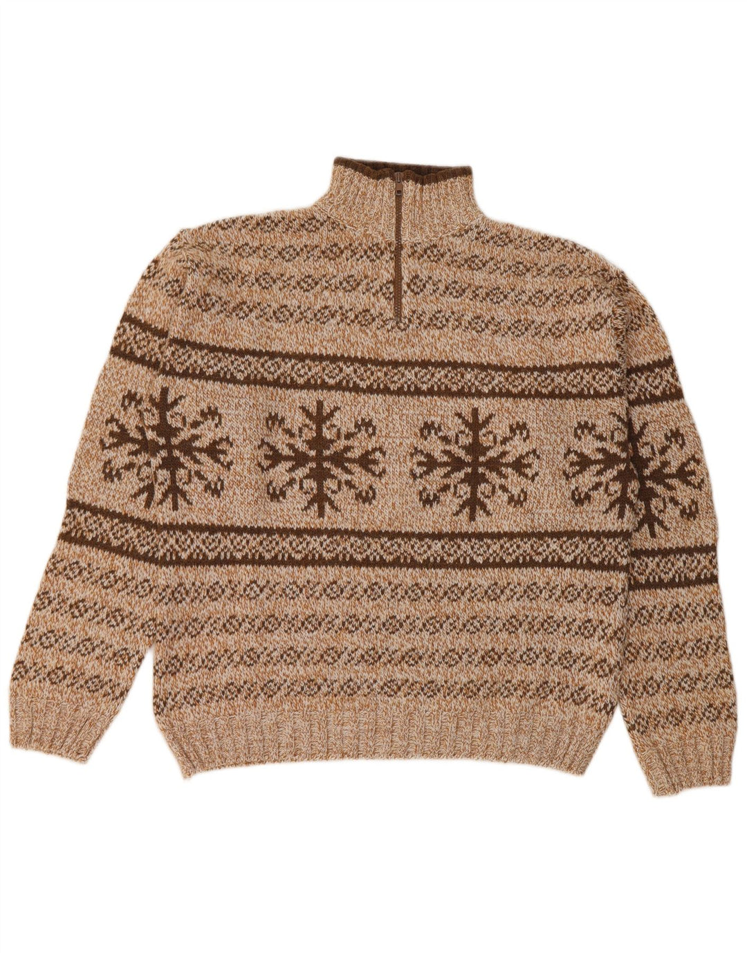vintage Mens Zip Neck Jumper Pull Moyen Brun Fair Isle Acrylique