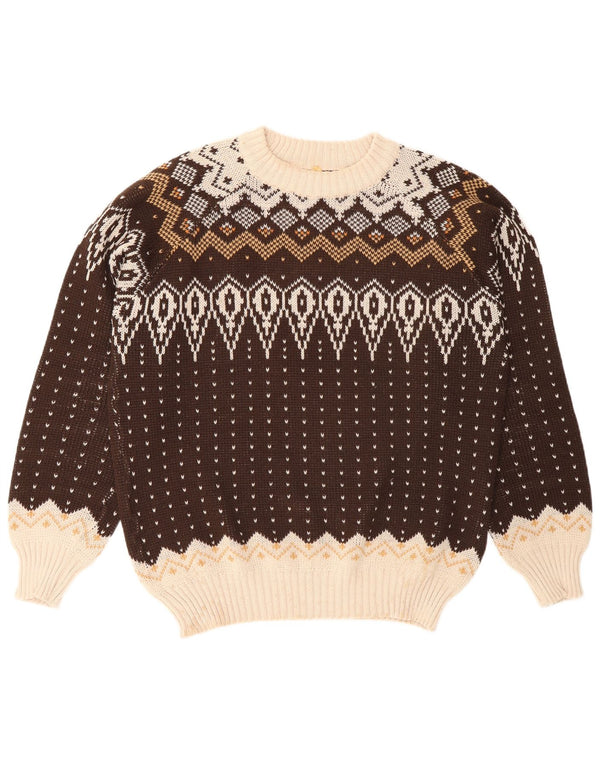 vintage Mens Crew Neck Jumper Pull Grand Marron Fair Isle