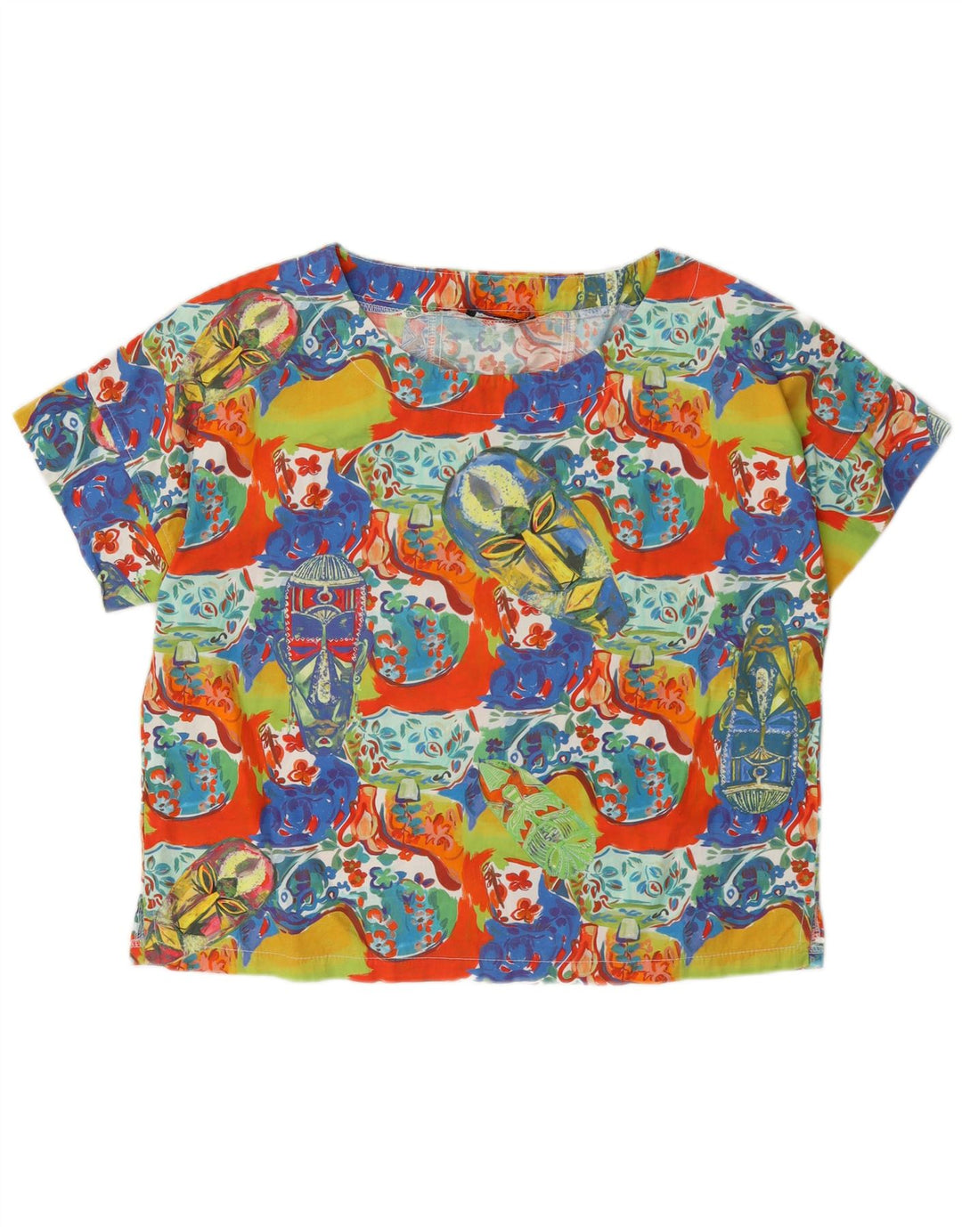 vintage Womens Graphic Blouse Top UK 14 Moyen Multicolore Coton Floral