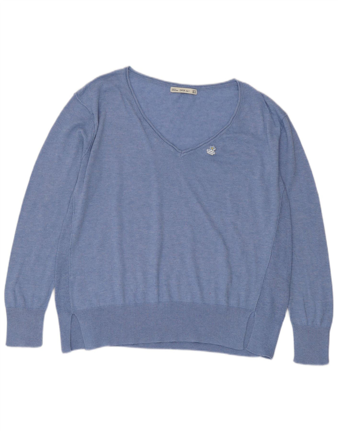 Zara Pull col V pour femme UK 14 Bleu moyen Polyester