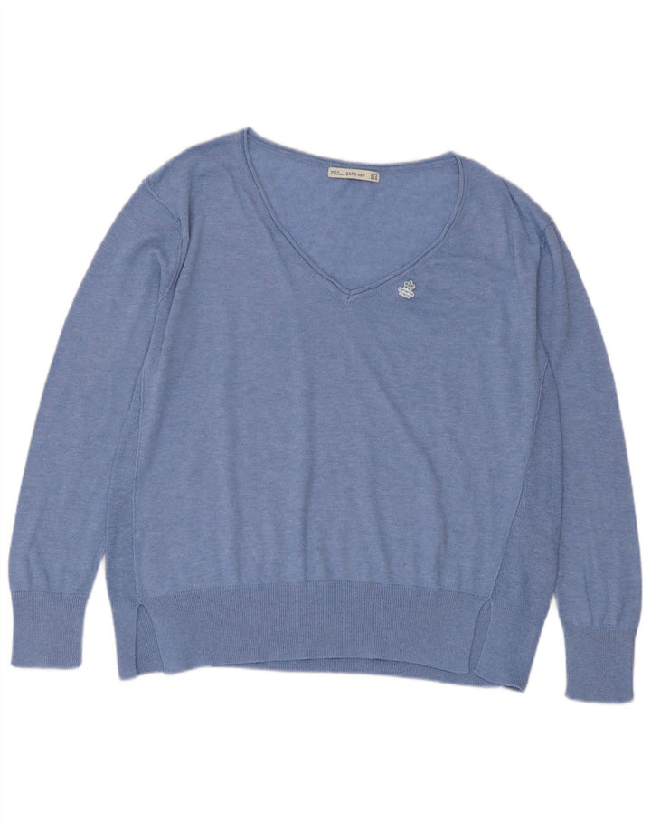 Zara Pull col V pour femme UK 14 Bleu moyen Polyester