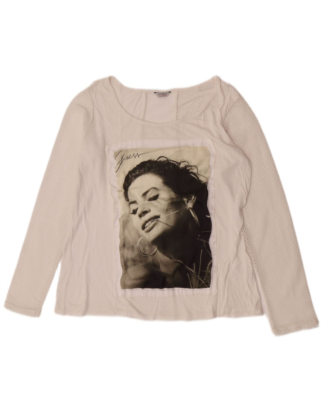 Guess Haut graphique à manches longues pour femme UK 14 Blanc moyen