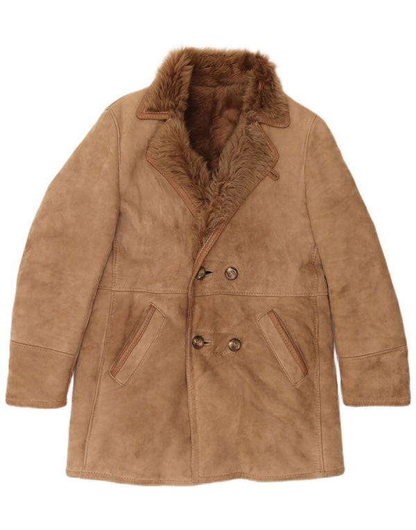 vintage Mens Double Breasted Shearling Jacket IT 50 Grand Cuir Marron