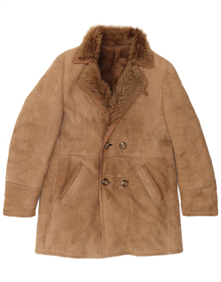 vintage Mens Double Breasted Shearling Jacket IT 50 Grand Cuir Marron
