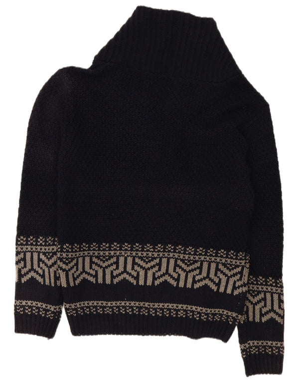 vintage Homme Col Châle Cardigan Pull XL Bleu Marine Géométrique