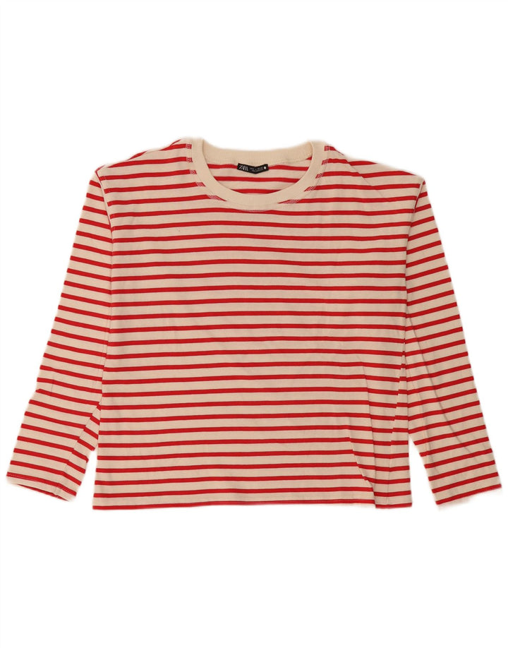 Zara Femme Haut Oversize Manches Longues UK 10 Petit Blanc Cassé Rayé