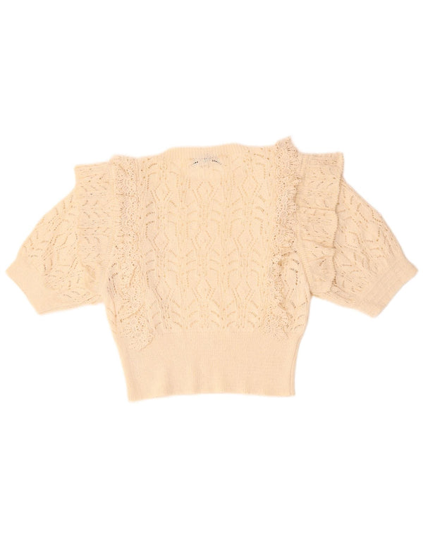 ZARA Pull court à col rond pour femme UK 12 en coton beige moyen