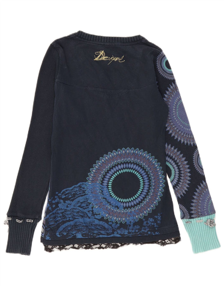 DESIGUAL Pull graphique à col en V pour femme UK 8 Petit Bleu Marine Floral