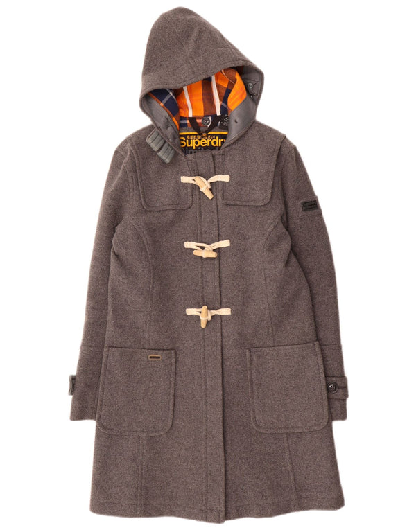 Superdry Duffle Coat À Capuche Femme UK 12 Laine Gris Moyen