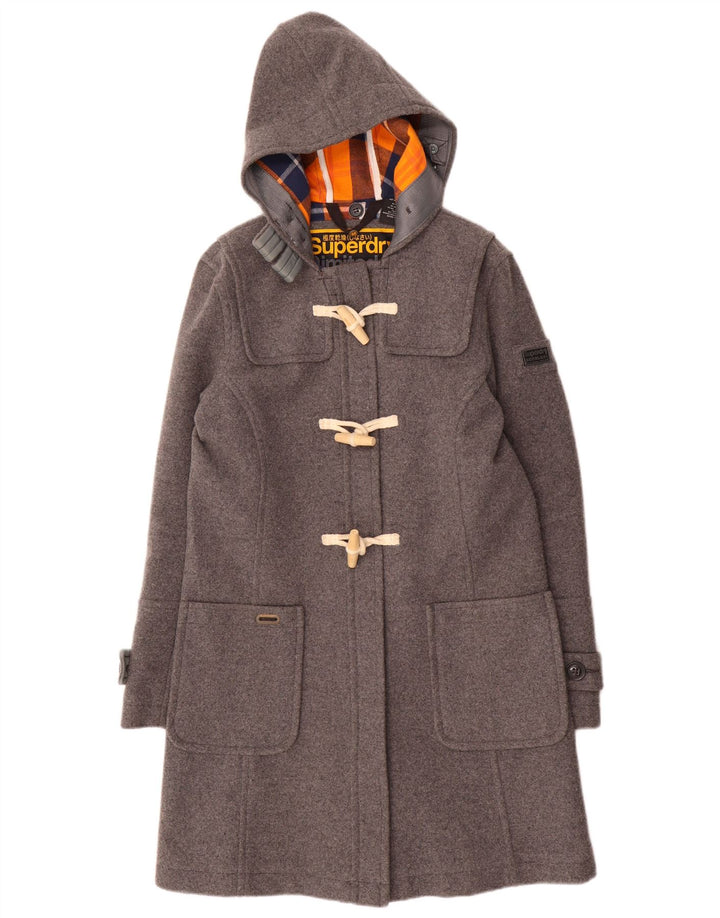 Superdry Duffle Coat À Capuche Femme UK 12 Laine Gris Moyen