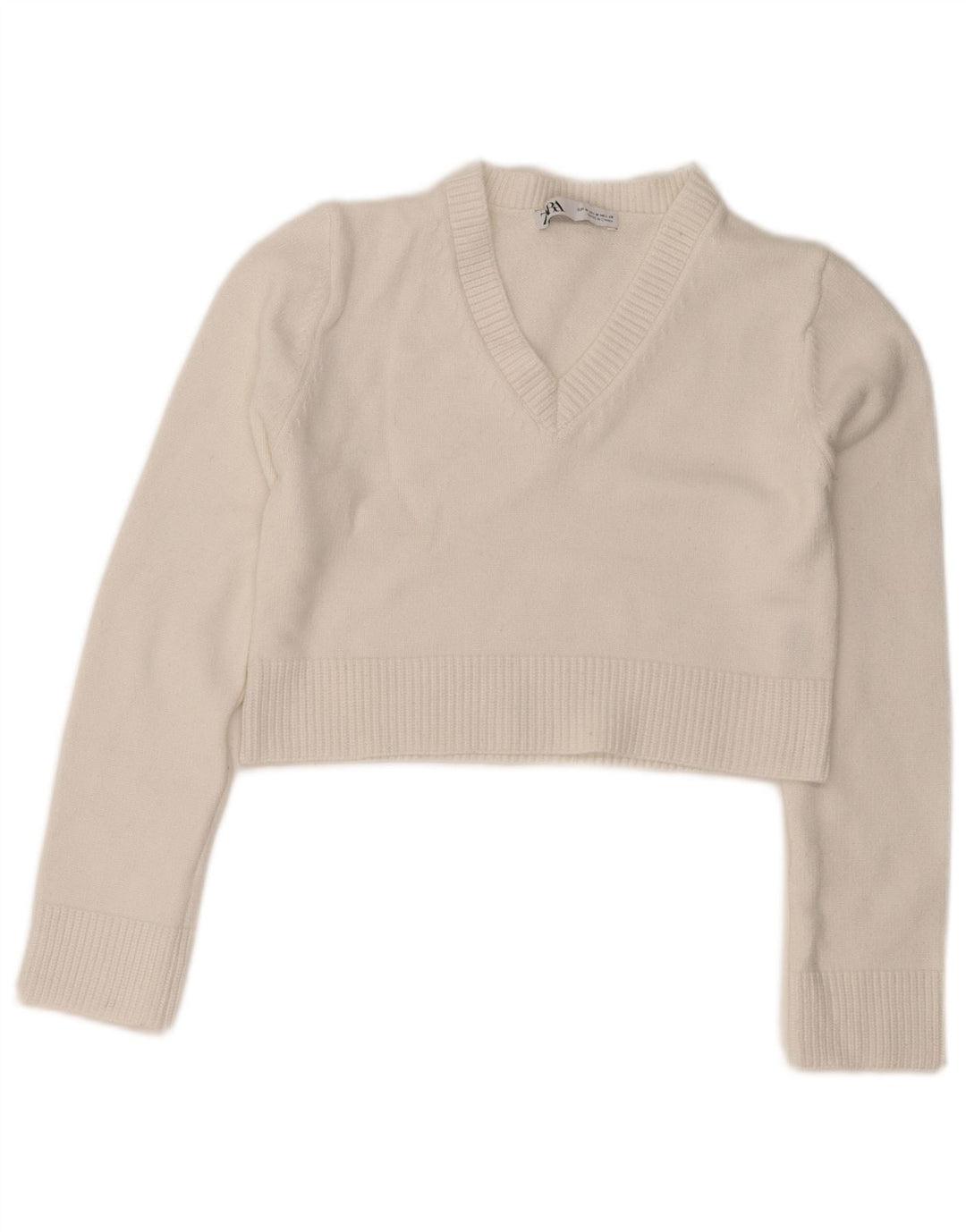 Zara Pull court à col en V pour femme UK 12 Viscose blanc moyen