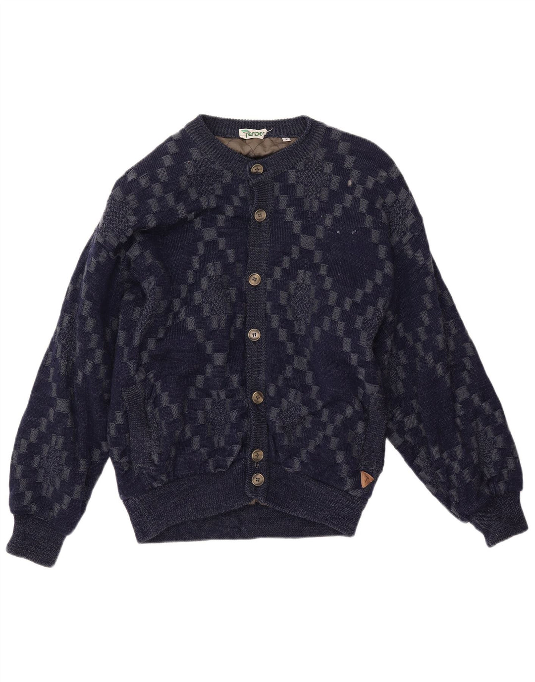 VINTAGE Homme Cardigan Pull Grand Bleu Marine Géométrique Viscose